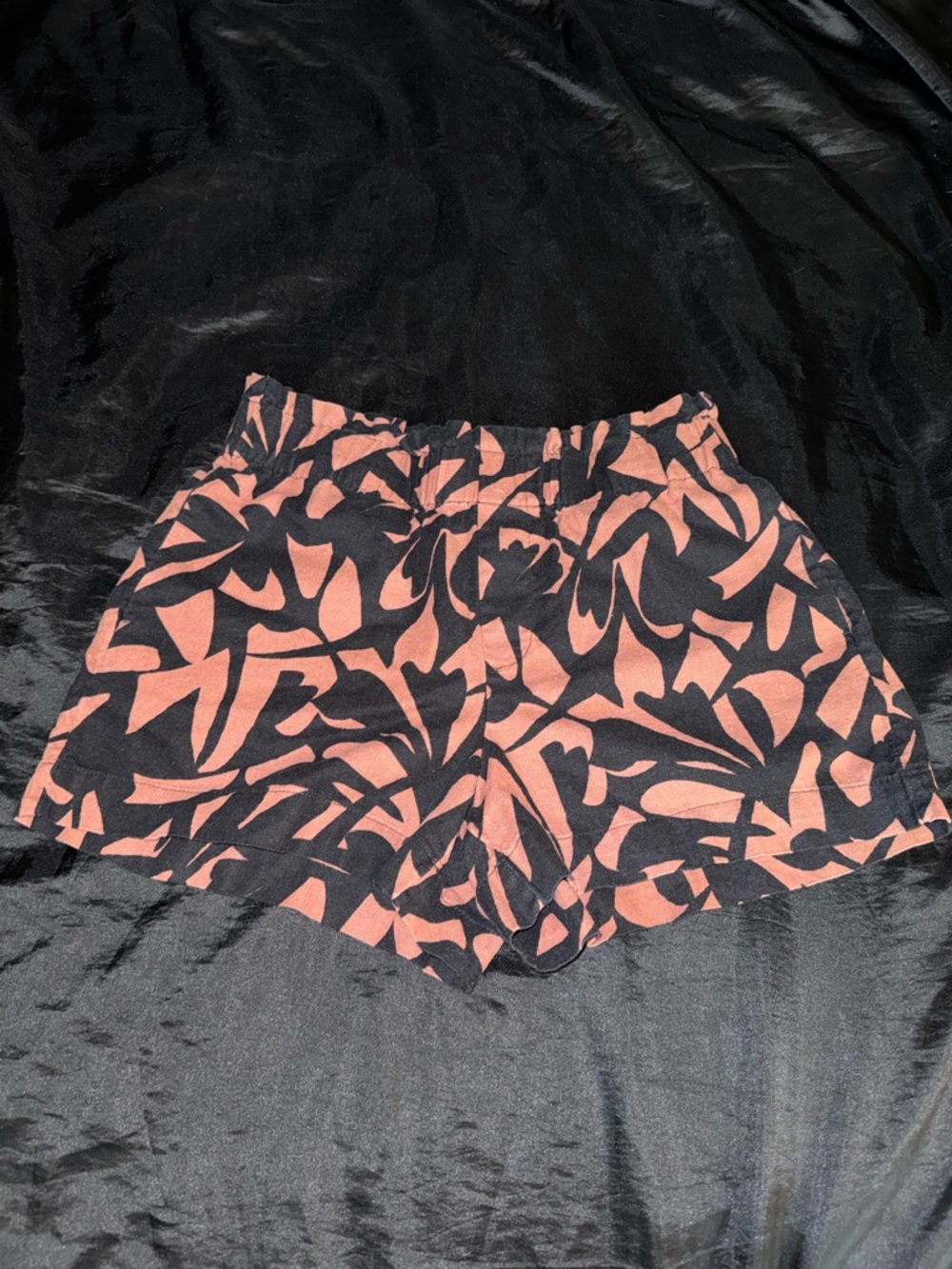 New Day Tropical Floral Linen Blend Pull On Shorts Coral Black Summer